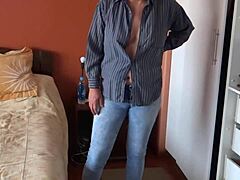 Mature housekeeper's husband masturbates as I undress for work