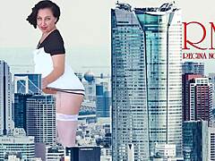 Impressive display of a towering giantess in lingerie strolling the city