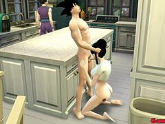 Chichi's man werkt terwijl ze anaal wordt geneukt door haar zoons in de keuken