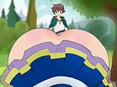 A saia curta de Aqua seduz Kazuma em uma paródia de desenho animado com intervenção divina