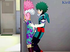 Mina Ashido, Momo Yaoyorozu, dan Izuku Midoriya terlibat dalam threesome yang intens di My Hero Academia hentai