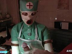 Verpleegster Jade Green in maskerhandschoenen geeft een patiënt anale fisting en pijpbeurt in een rubberen outfit