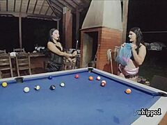 Naughty Latina lesbians take turns fucking each other with toys at the pool table